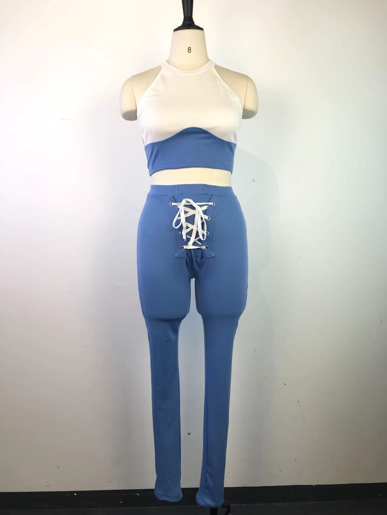 Women's Sexy Ribbed Suit Round Neck Tank Top Pencil Pants Lace-Up Two Piece Summer Set 19