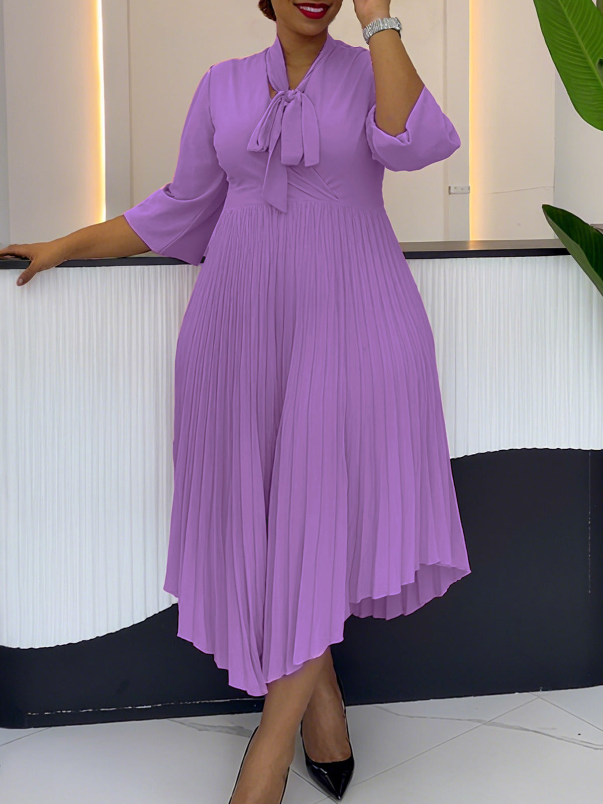 Women 3/4-sleeve tie dress with irregular pleats 6