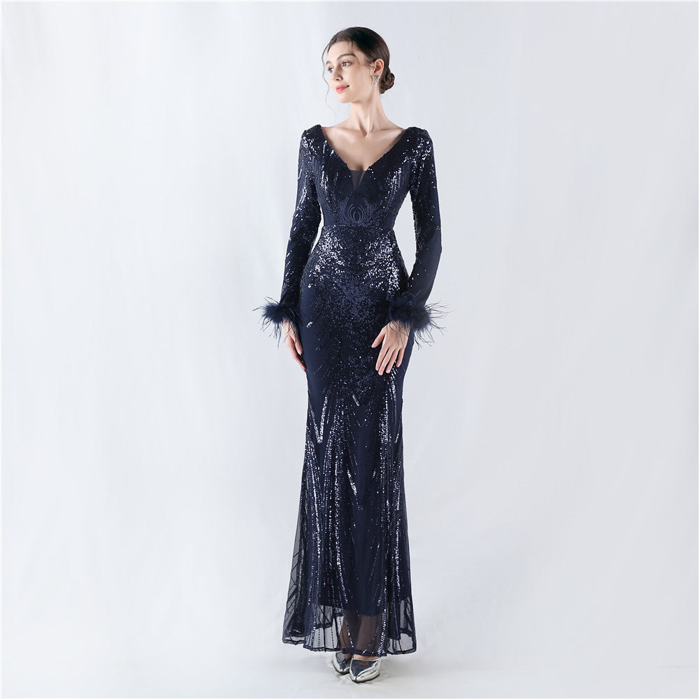 V-Neck Feather Long Sleeve Sequins Plus Size Formal Party Evening Dress 13