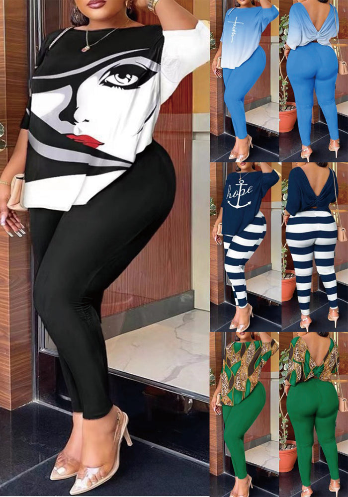 Women Autumn Casual Backless Printed Top and Pants Two-piece Set