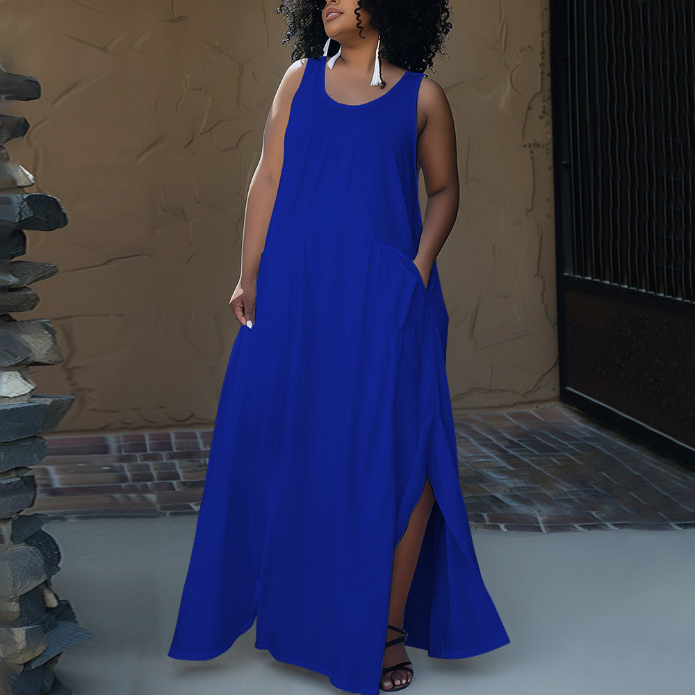 Plus Size Women Summer Pocket Sleeveless Round Neck Dress 4