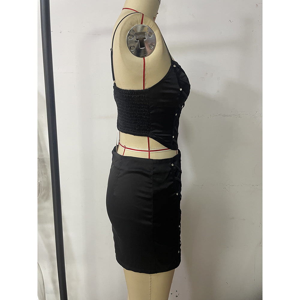 Summer Sexy Beaded Camisole Bodycon Short Skirt Fashion Two Piece Set 8