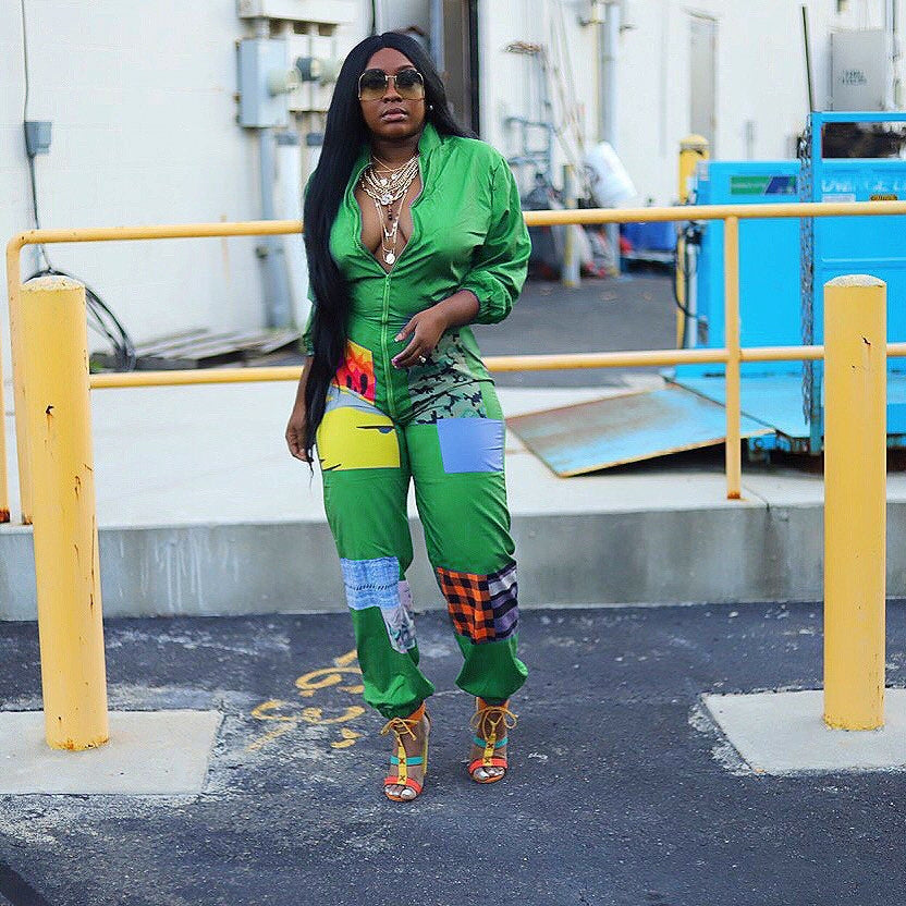 Women Fashion Casual Positioning Print Zipper Jumpsuit