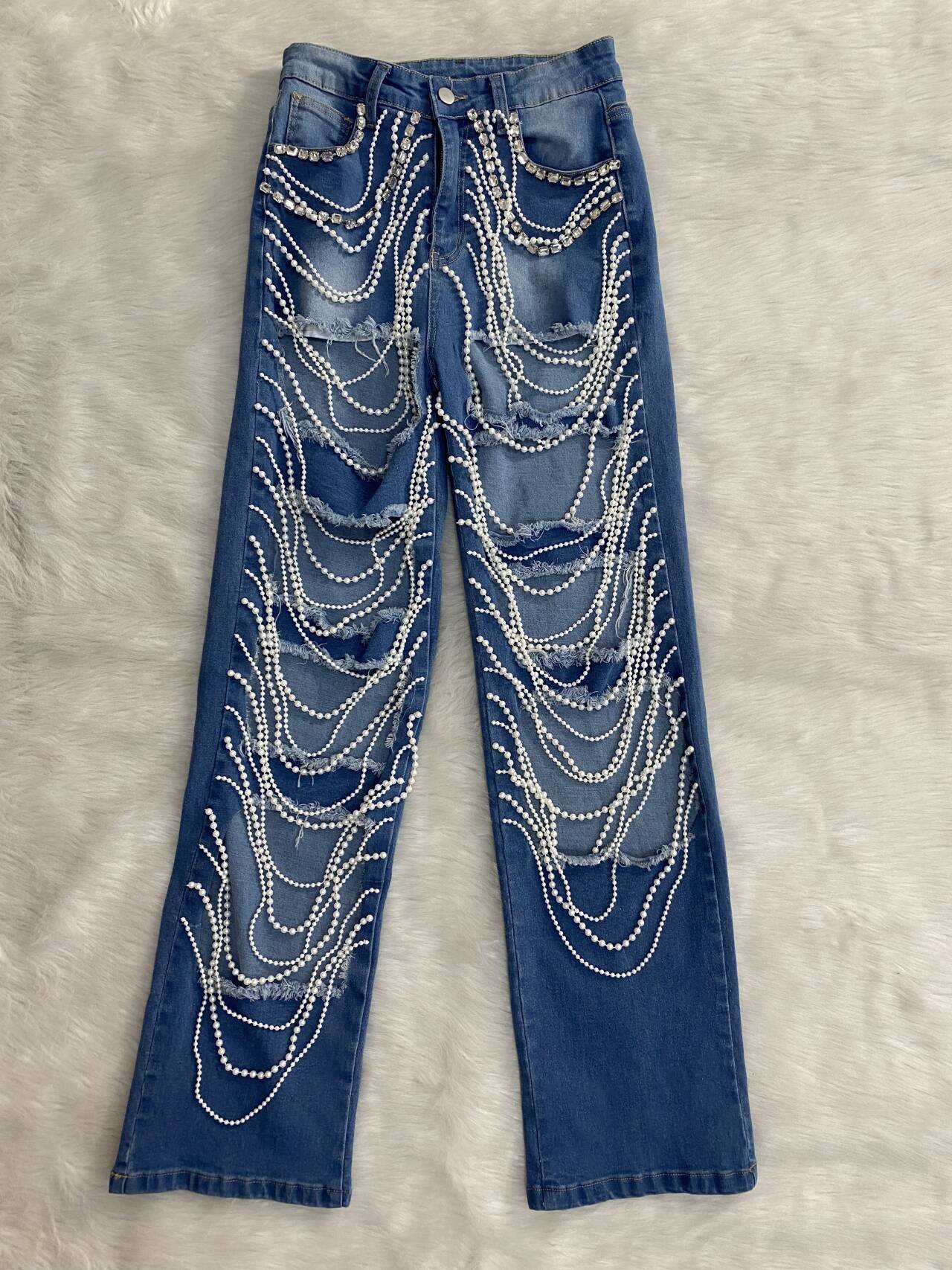 Women Washed Ripped Knitting Denim Pants 9