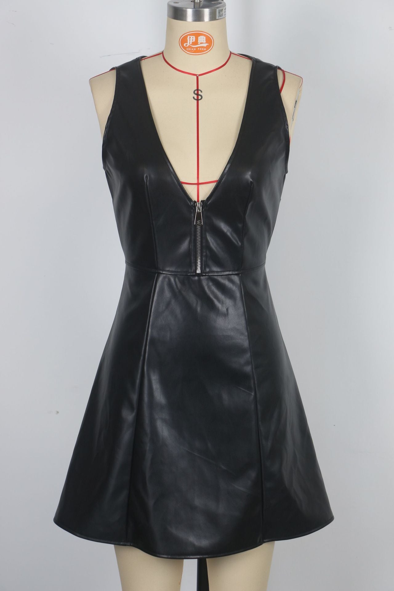 Women V-neck Backless Sexy Pu Leather Dress 9