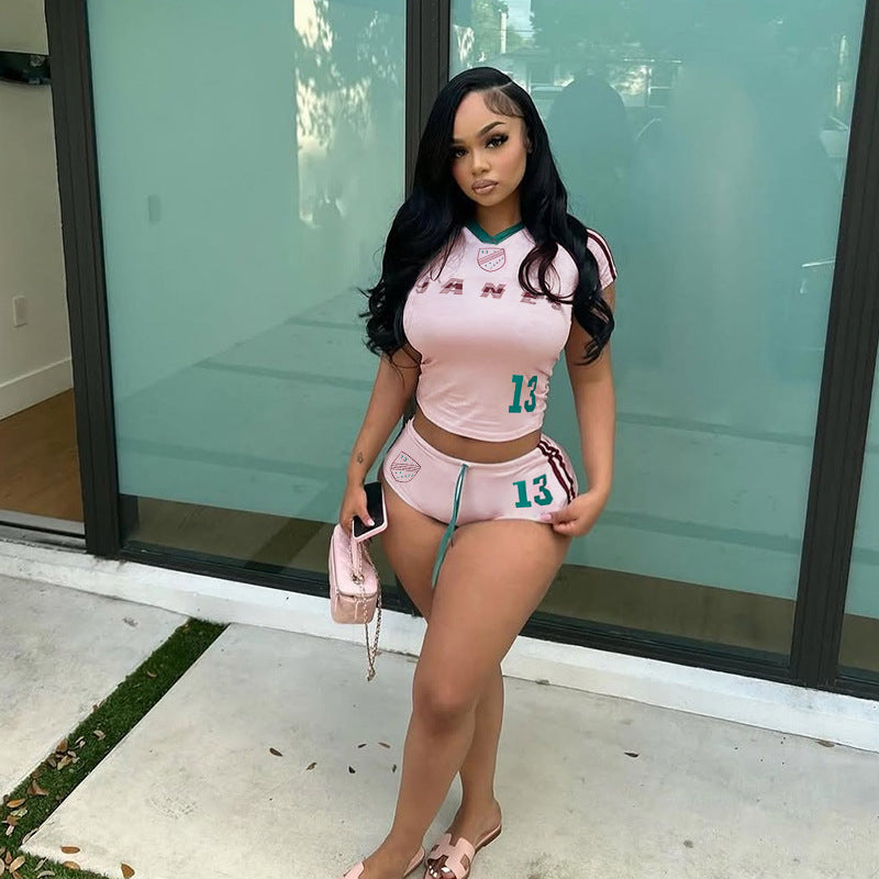 Summer Printed Short Sleeve Slim Streetwear Shorts & Casual Sports Yoga T-shirt Set 4