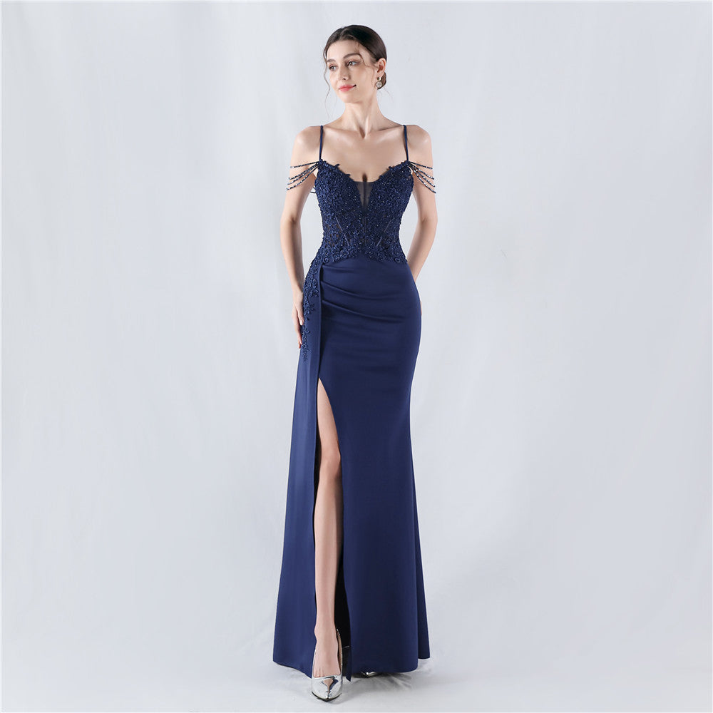 Women Beaded Flowered Fishbone Beaded Evening Dress 11