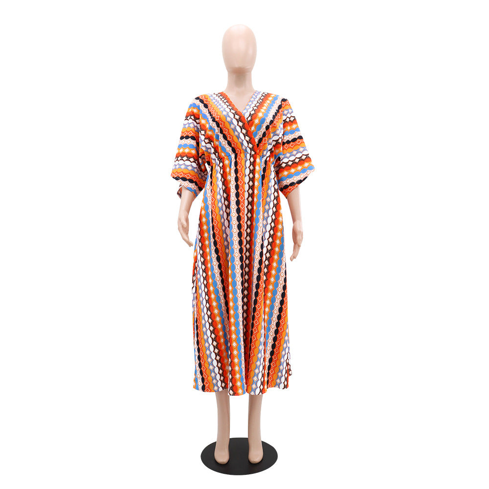 Women's fashion Holidays style striped print v-neck long dress 8