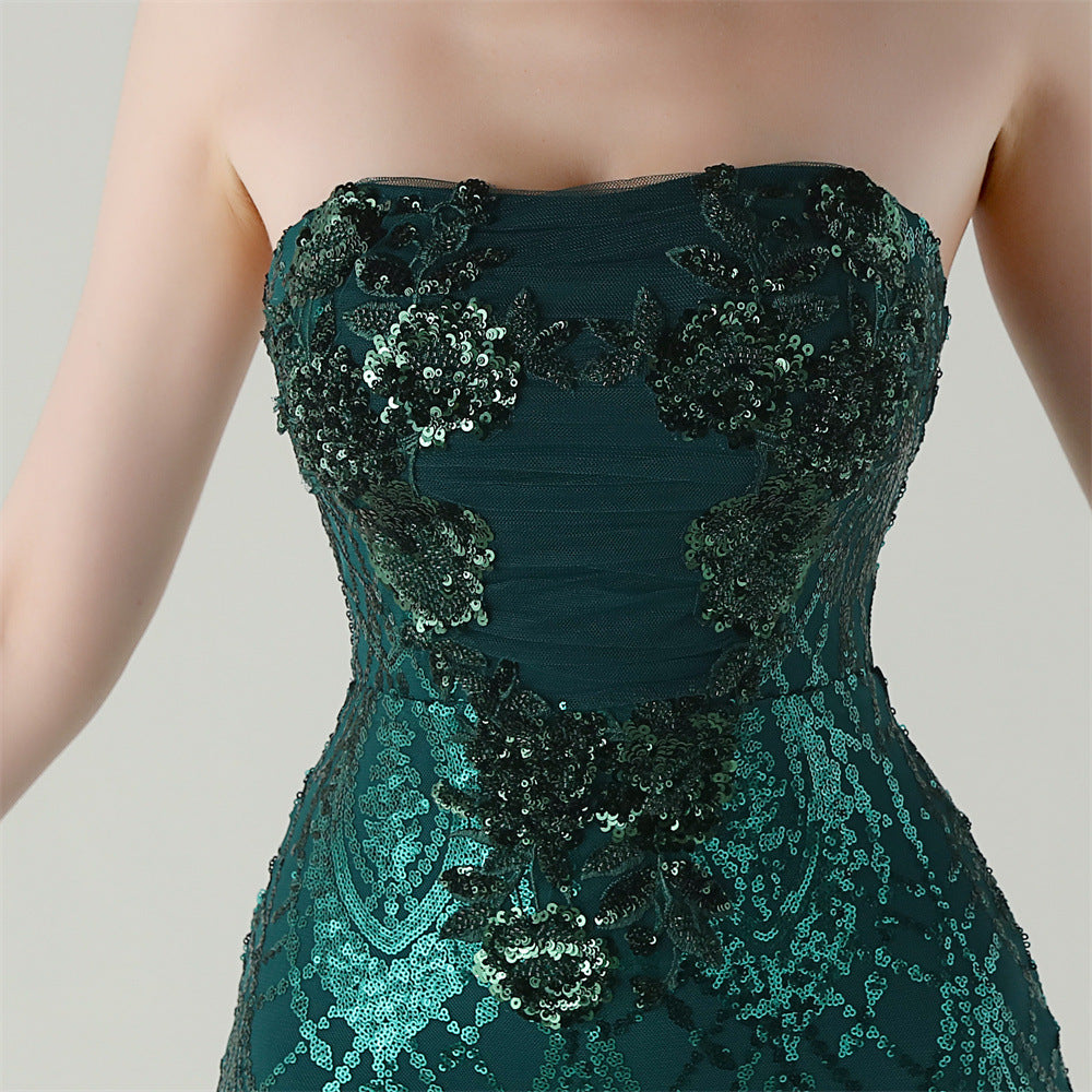 Women Strapless cross Lace-Up sequined tube flower sequined mesh evening dress Formal Party evening dress 48