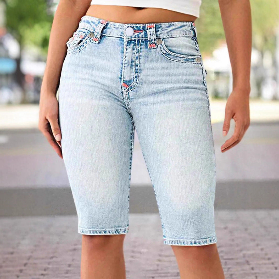 Women Colorblock Casual Denim Knee-Length Shorts 7