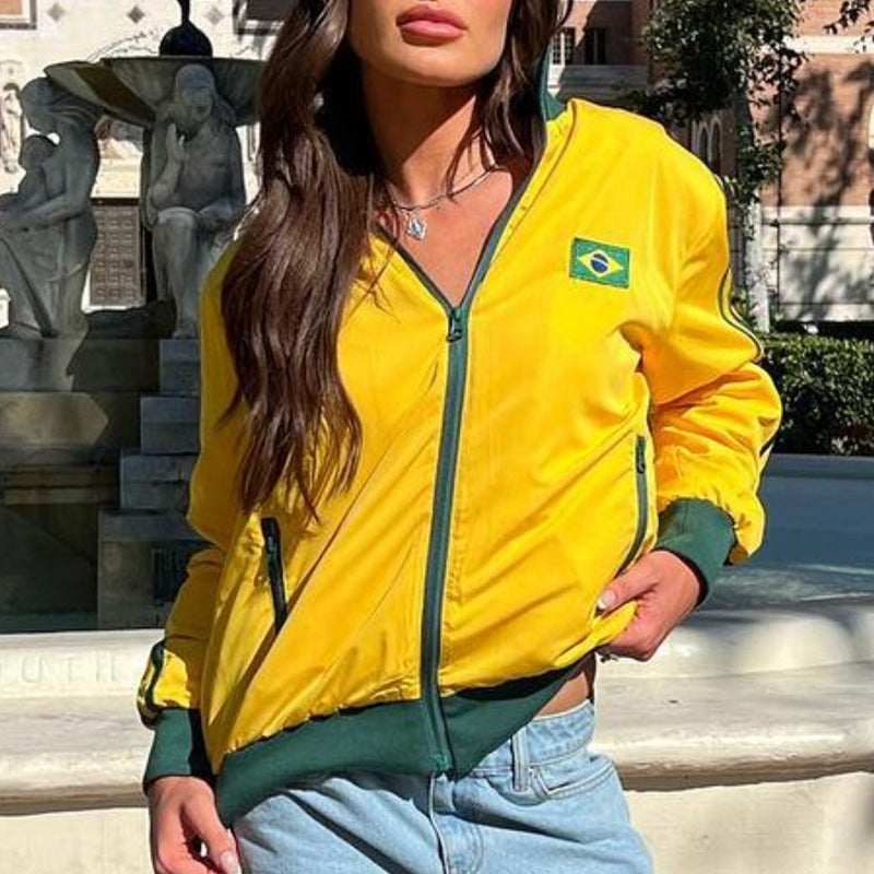 Autumn Women Long Sleeve Round Neck Casual Letter Contrast Printed Sports Jacket