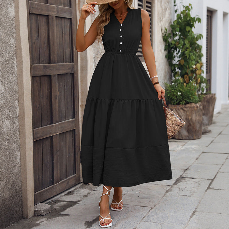 Women V-Neck Summer Sleeveless Patchwork Stand Collar Dress 11