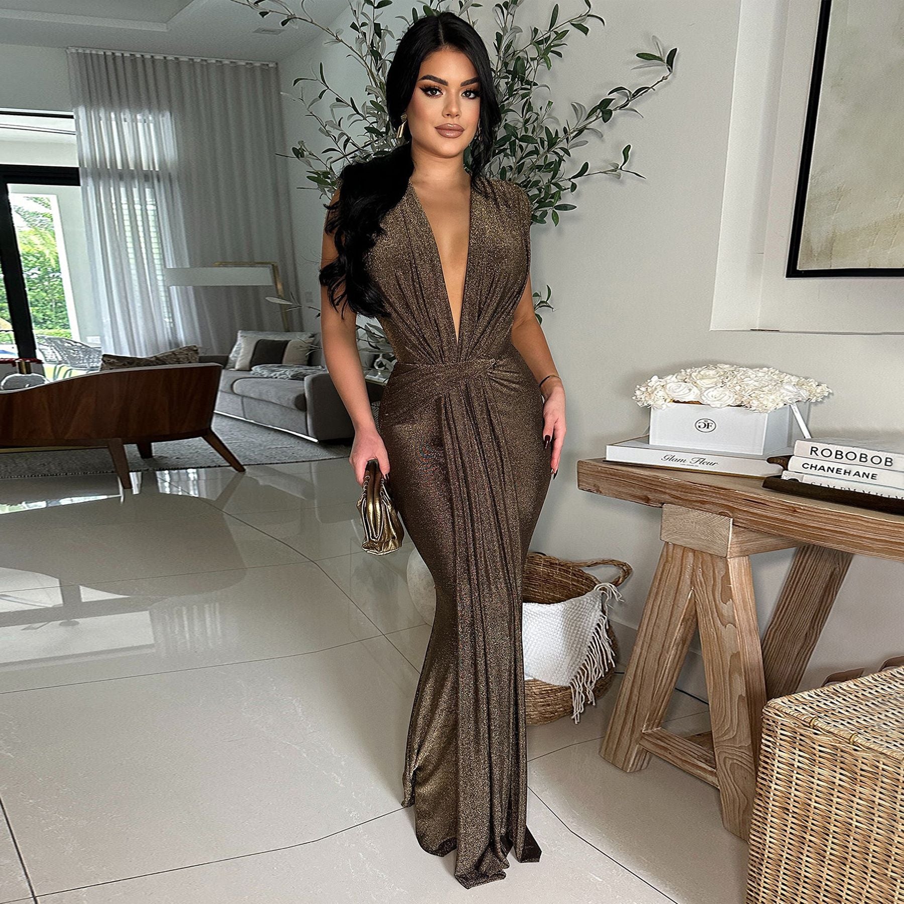 Women's Sexy Deep V-Neck Sleeveless Long Dress 3