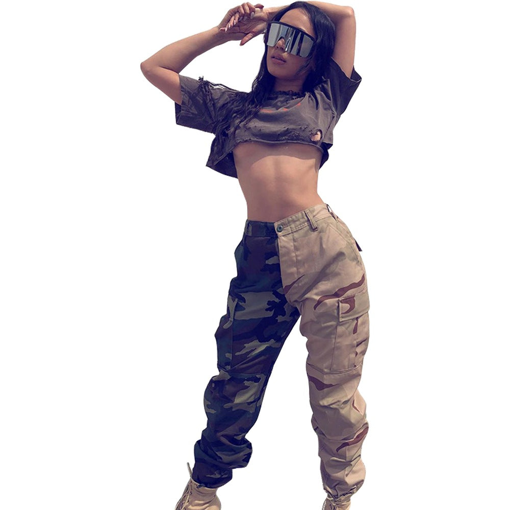 Women's Fashion Style Contrast Patchwork Camo Cargo Pants 6