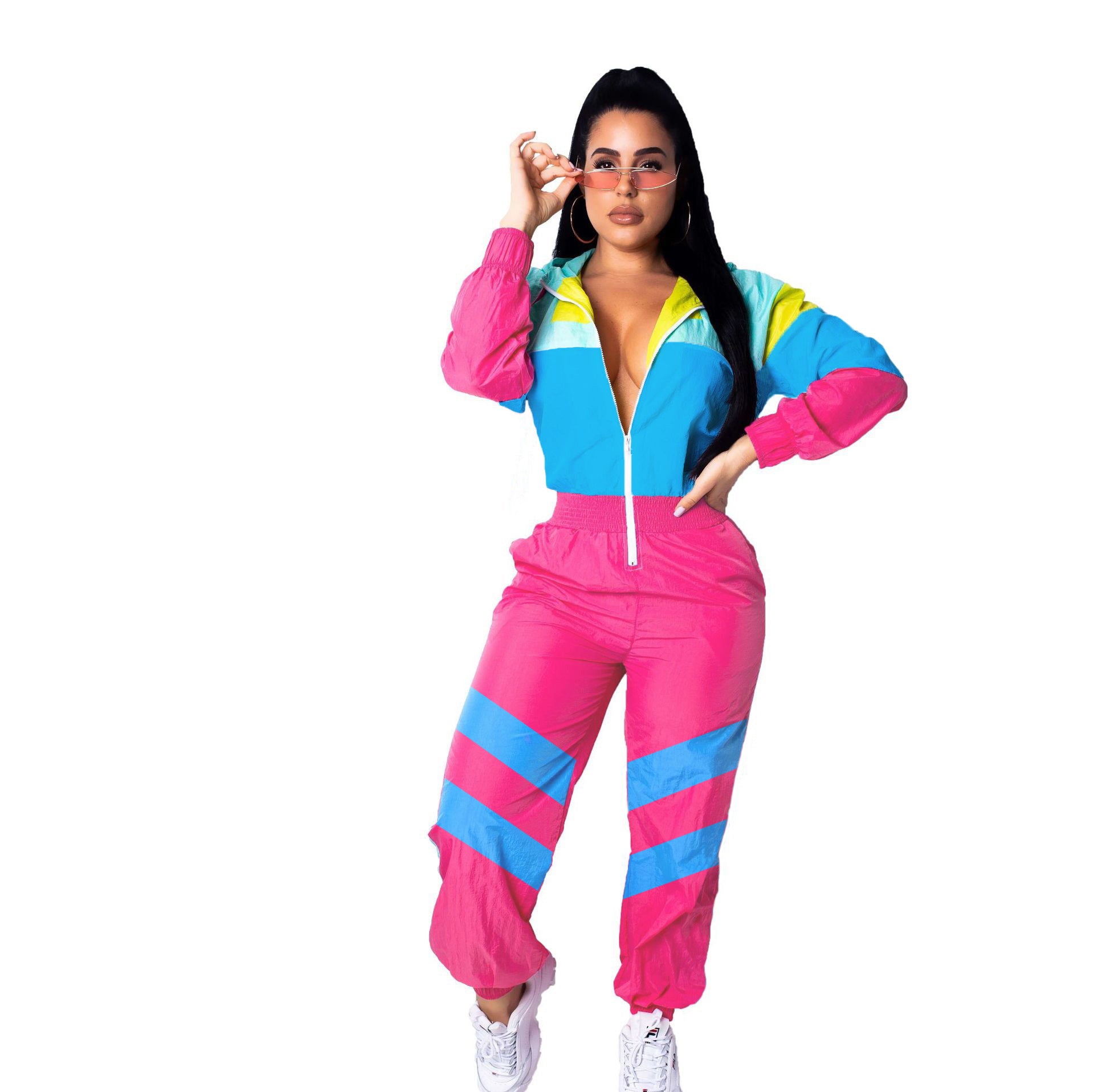 Women patchwork contrast color zipper jumpsuit 5