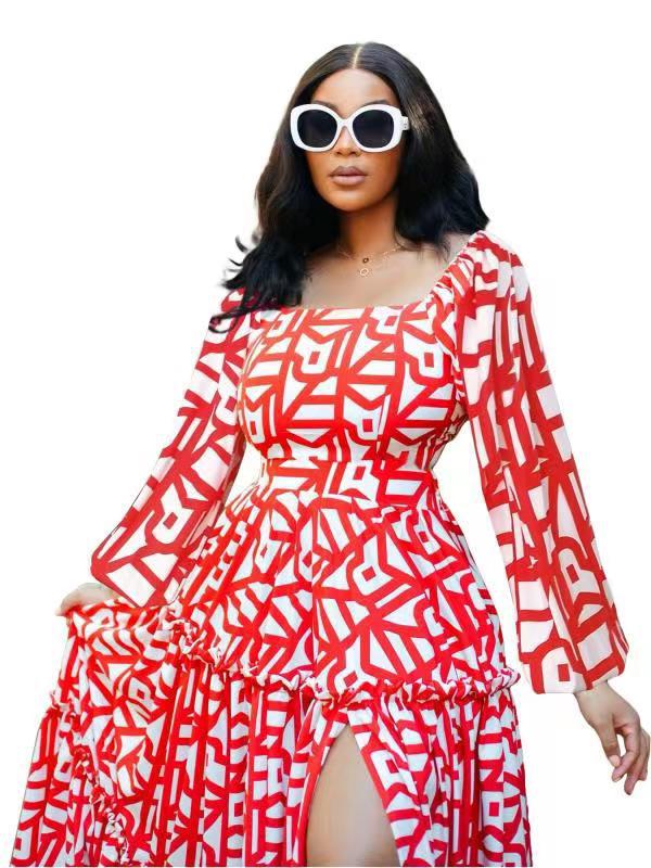 Women spring elegant slit printed u-neck dress 7