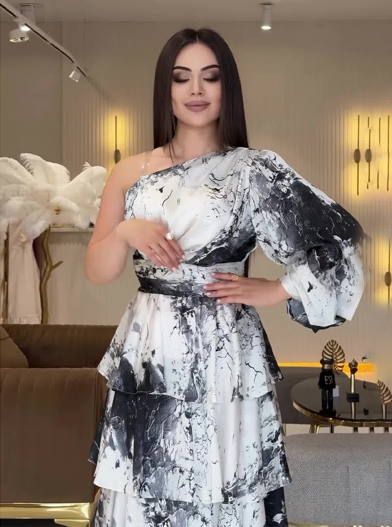 Summer U-Neck Printed Long-Sleeved Bell Bottom Sleeve Fashionable Slim Women's Dress 5