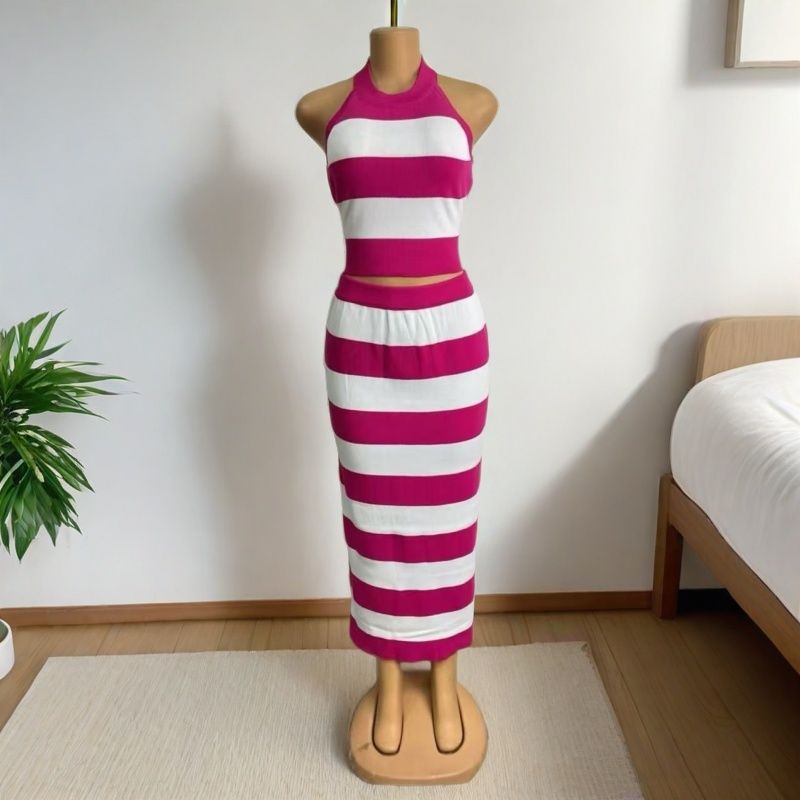 Striped Print Round Neck Sleeveless Top & Tight-Fitting Bodycon Skirt Casual Two-Piece Set
