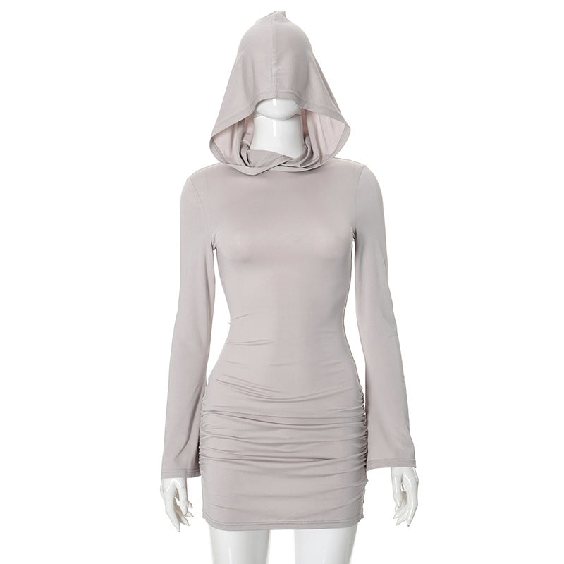 Women Fall Solid Long Sleeve Hooded Gathered Bodycon Dress 6