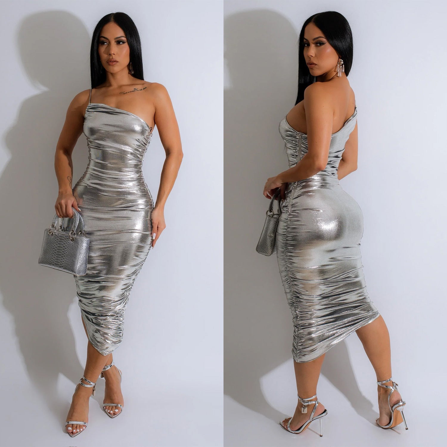 Fashion Women's Solid Color Sexy Slash Shoulder Pleated Dress 5