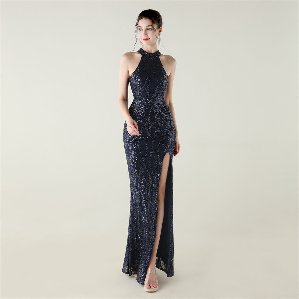 Sequin Beaded Halter Neck High Slit Fishtail Formal Party Dress 7