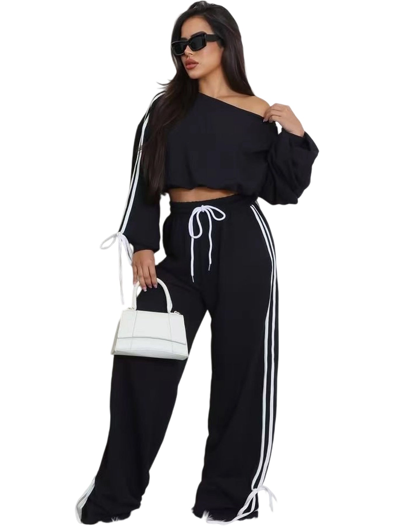 Autumn Casual Women's Solid Color Loose Webbing-Trimmed Two-Piece Pants Set 6
