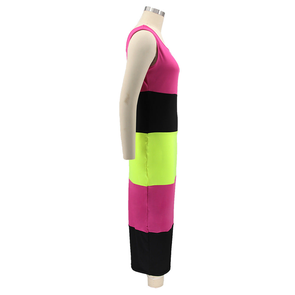 Multicolor Patchwork Plus Size U Neck Strappy Women's Sleeveless Long Dress 7