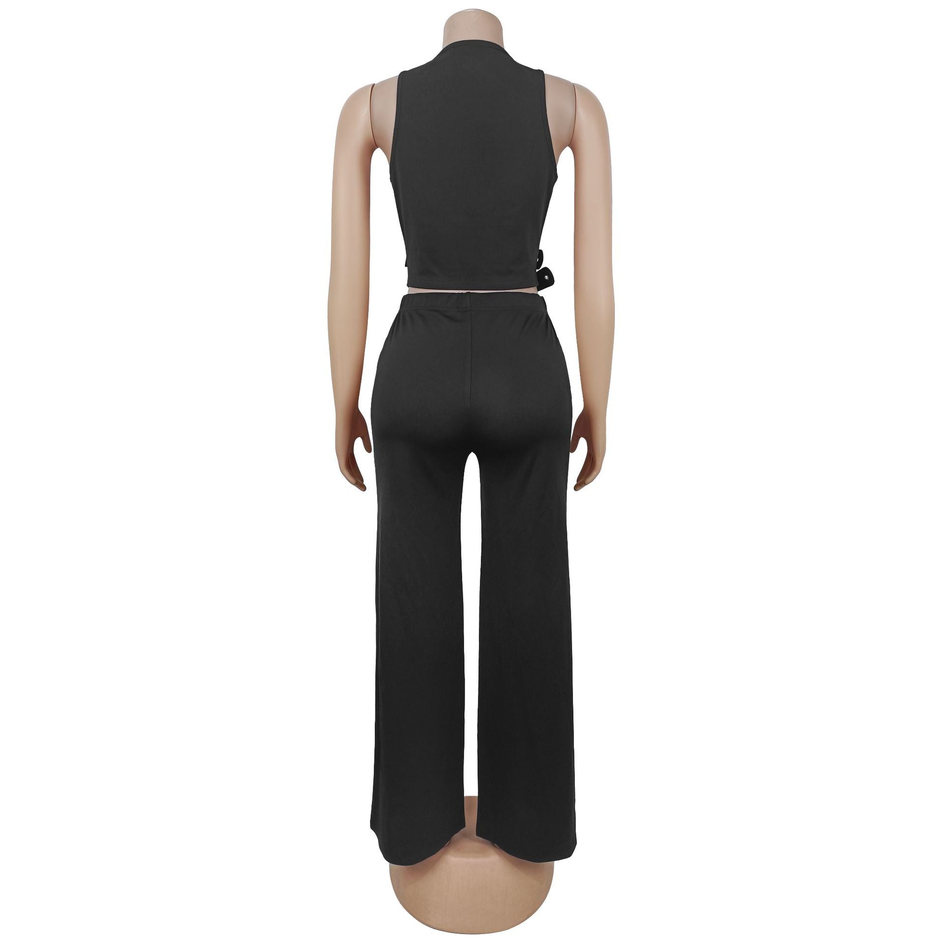Women V-Neck Buckled Belt Top and Pants Two-Piece Set 11