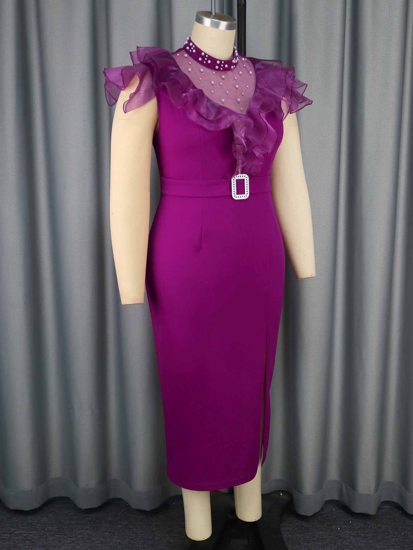 Women Half-High Neck Beaded Mesh Patchwork Split Party Dress 10