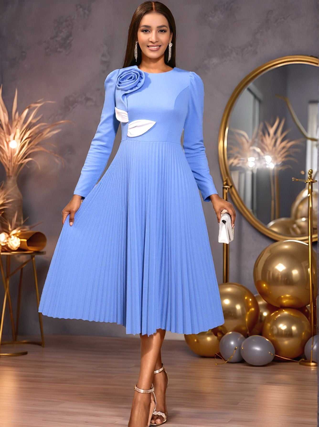 Autumn Elegant Round Neck Long Sleeve Dress Floral Color Block Leaf Pleated Formal Party Dress 3