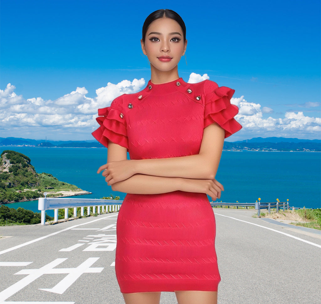Metal Button Stand Collar Slim Fit Knit Bodycon Dress 9