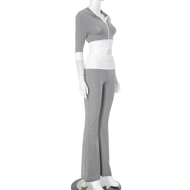 Women contrast color Patchwork hooded Top and Bell-Bottom Pants two-piece set 8