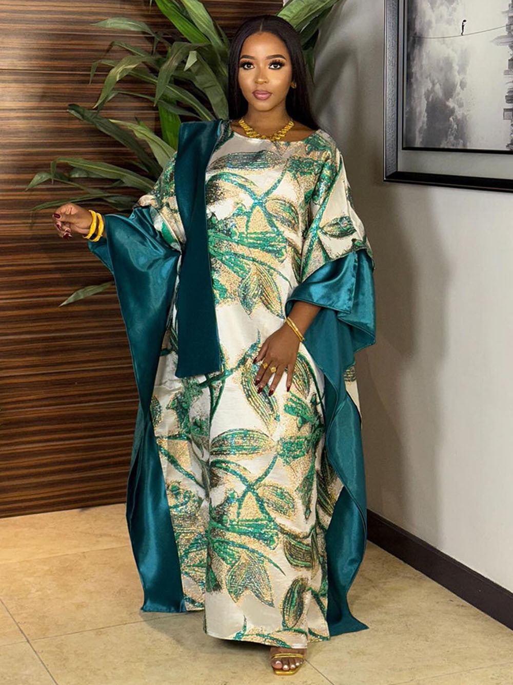 African Women's Plus Size Print Dress Jacquard Robe Headscarf 8