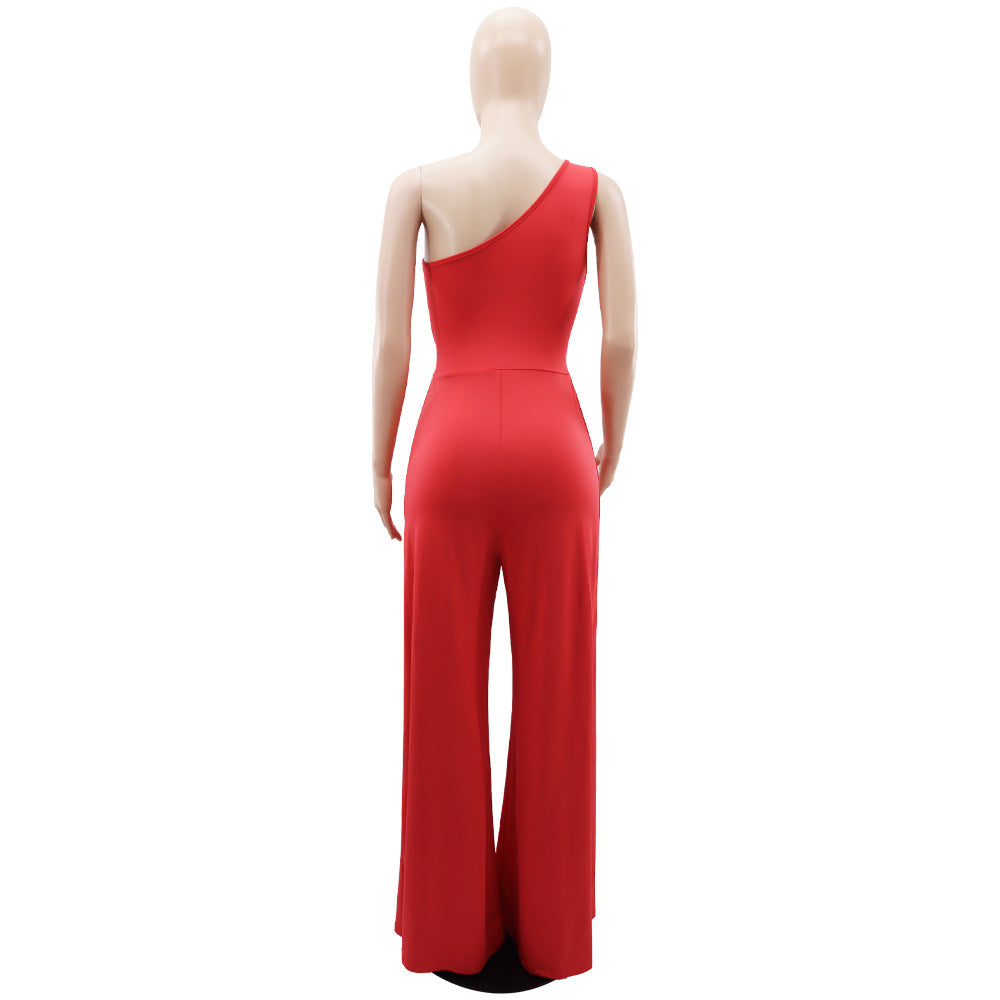 Casual Solid One Shoulder Slim Waist Wide Leg Bell Bottom Women's Jumpsuit 17