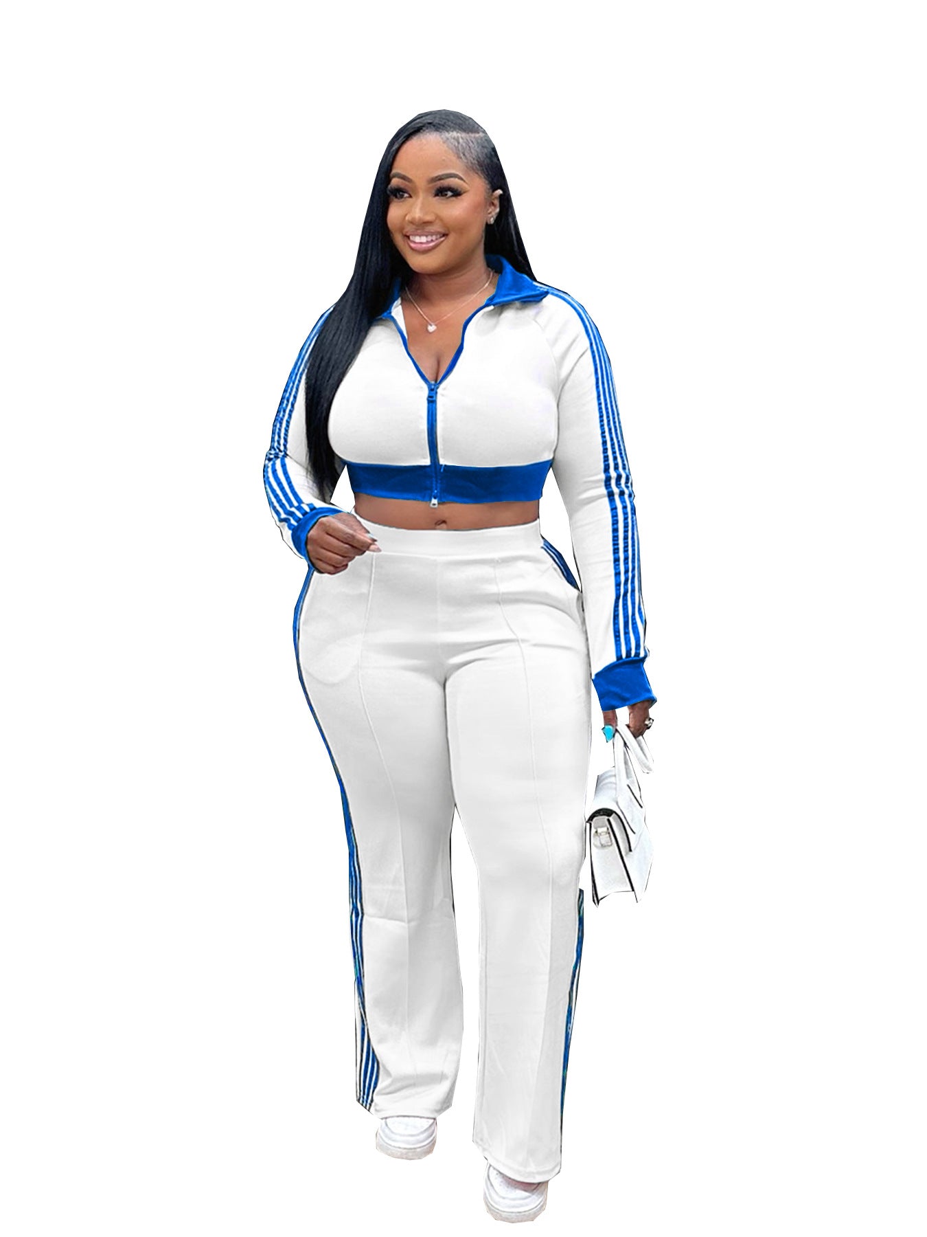 Women Casual contrast color zipper long-sleeved Crop Top and Pants two-piece set 11