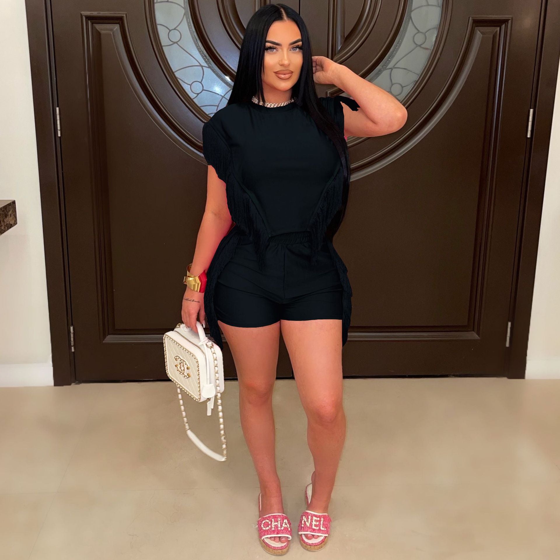 Women Short Sleeve Top and Tassel Pants Two-piece Set 7