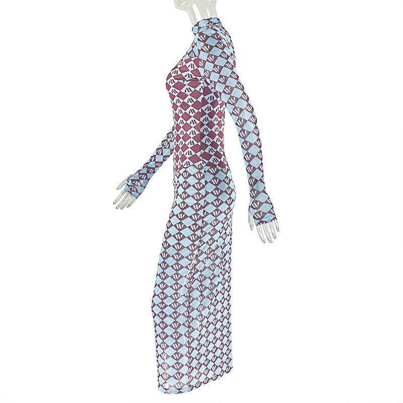 Women's Chic Semi-Sheer Printed High Neck Long Sleeve Fitted Bodycon Dress 7