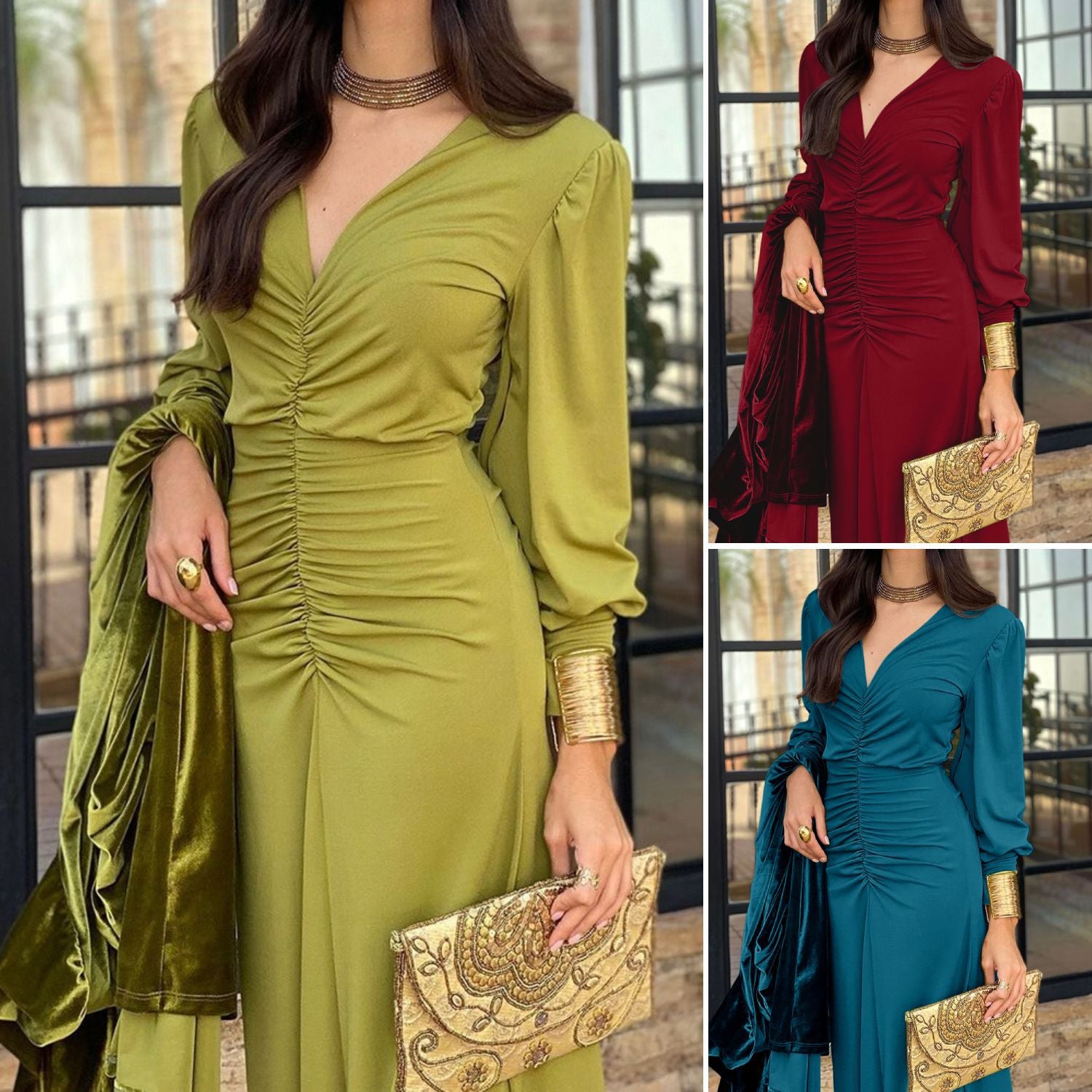 Women's V-Neck Slim Waist Chic Long Dress