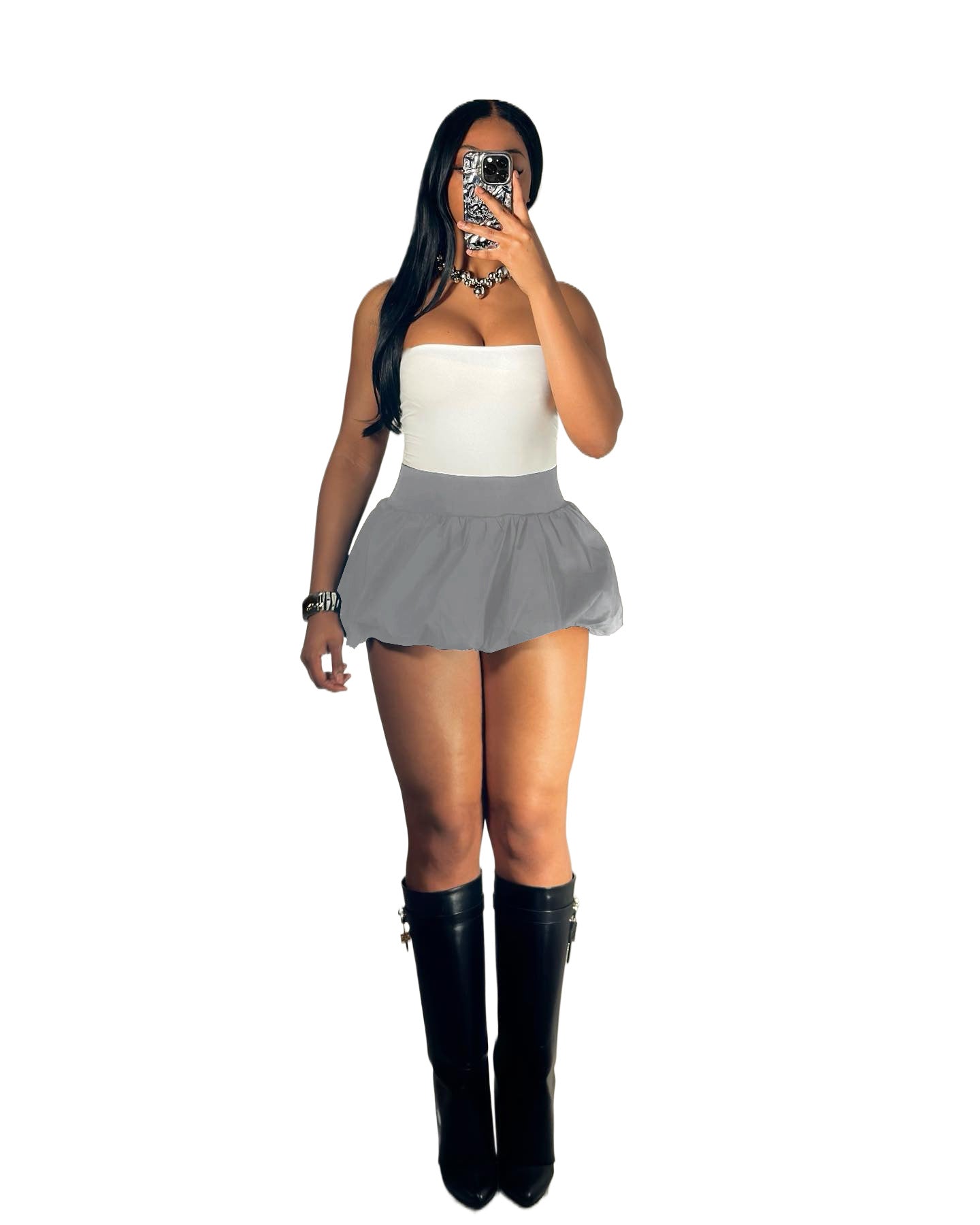 Women Solid Stretch Pleated Skirt Bubble Skirt 12