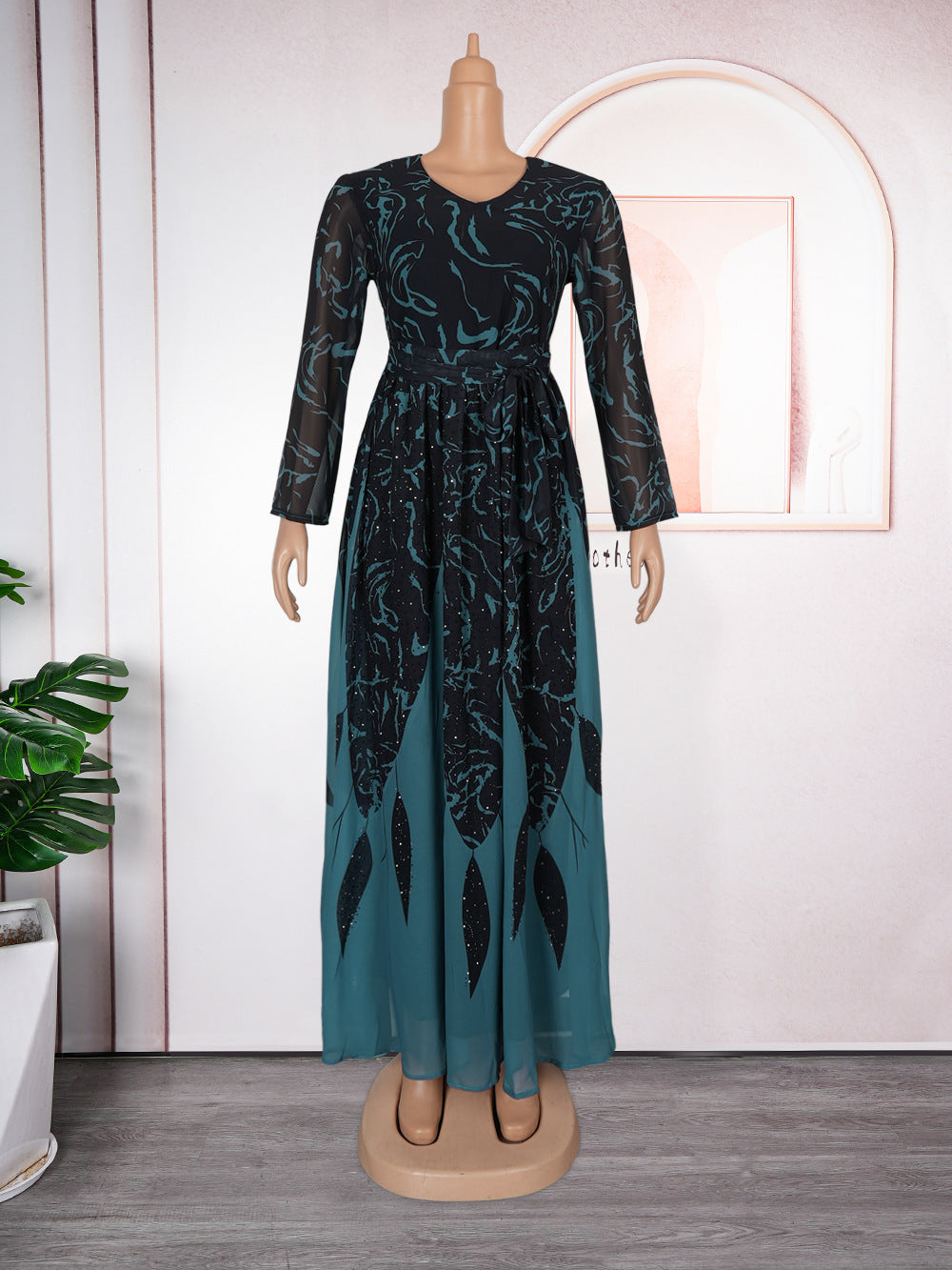 Plus Size African Women Long Sleeve Elegant Print Chiffon Maxi Dress 7