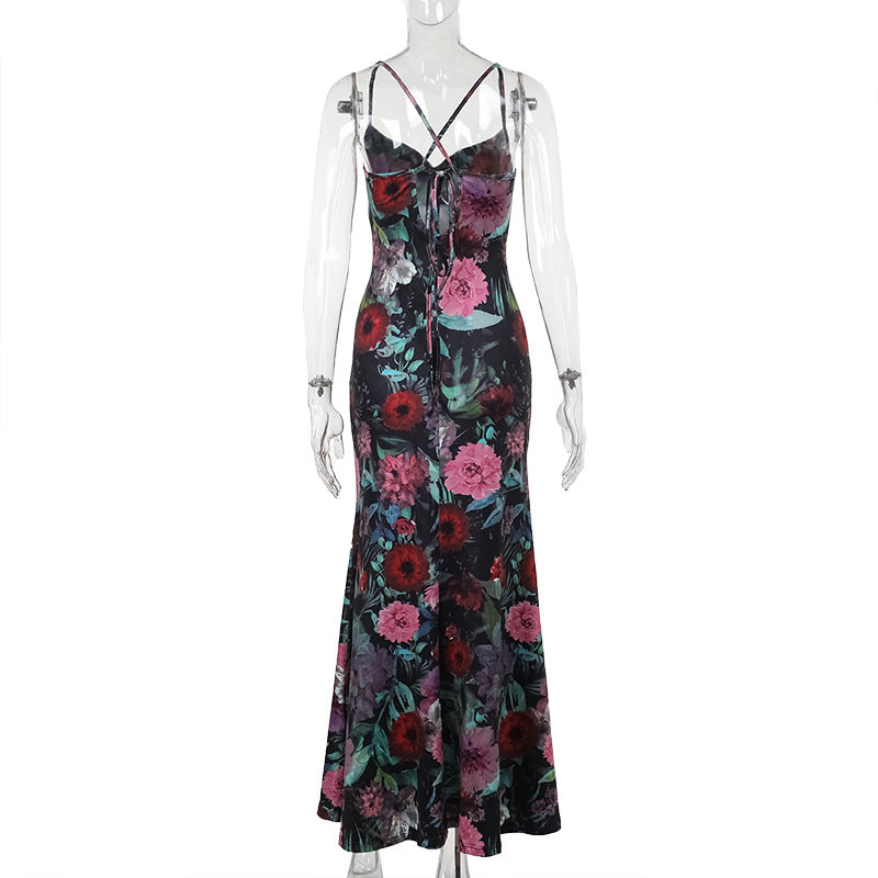 Womenƒ??s Summer Fashion Chic Floral Strap Low Back Lace-Up Slim Long Dress 7