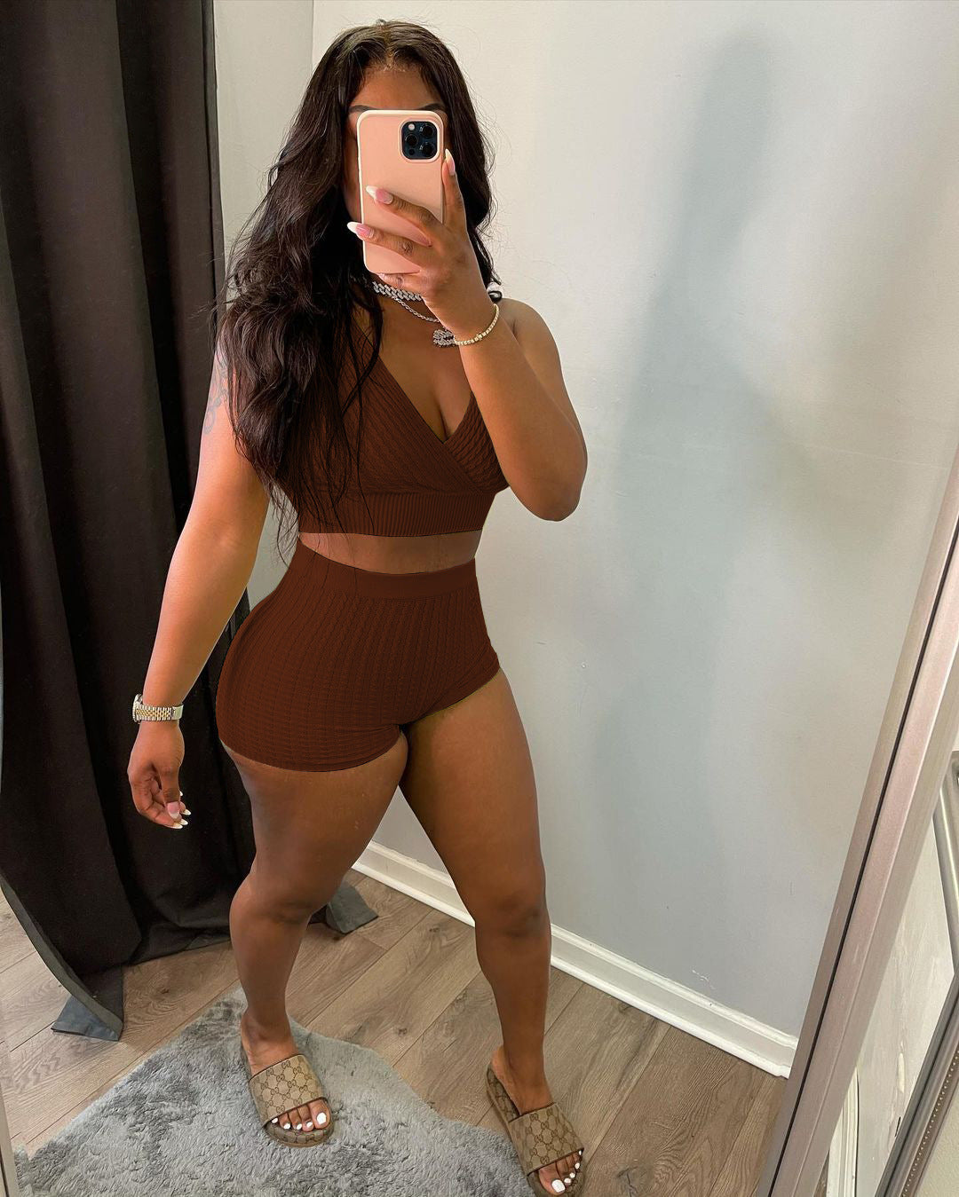 Women Summer Fashion Solid Ribbed Bubble Jacquard Vest And Shorts Two-piece Set 11