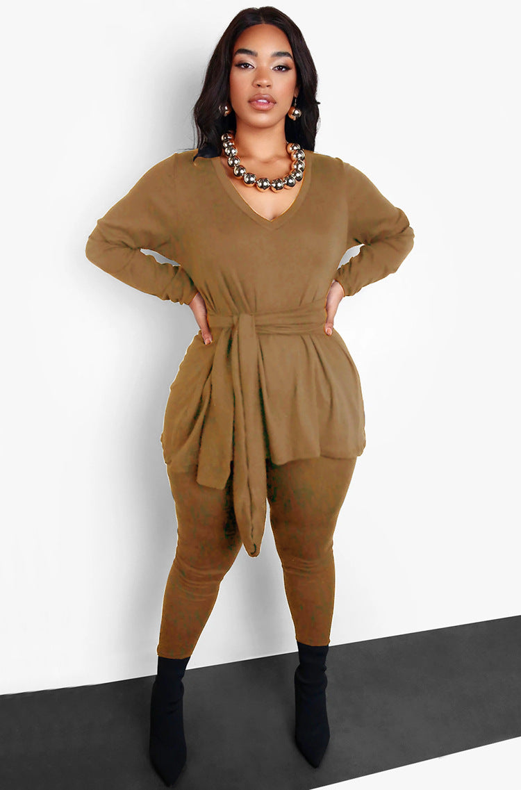 Women Fall and Winter Lace-up Top Long Pants Casual two-piece set 5