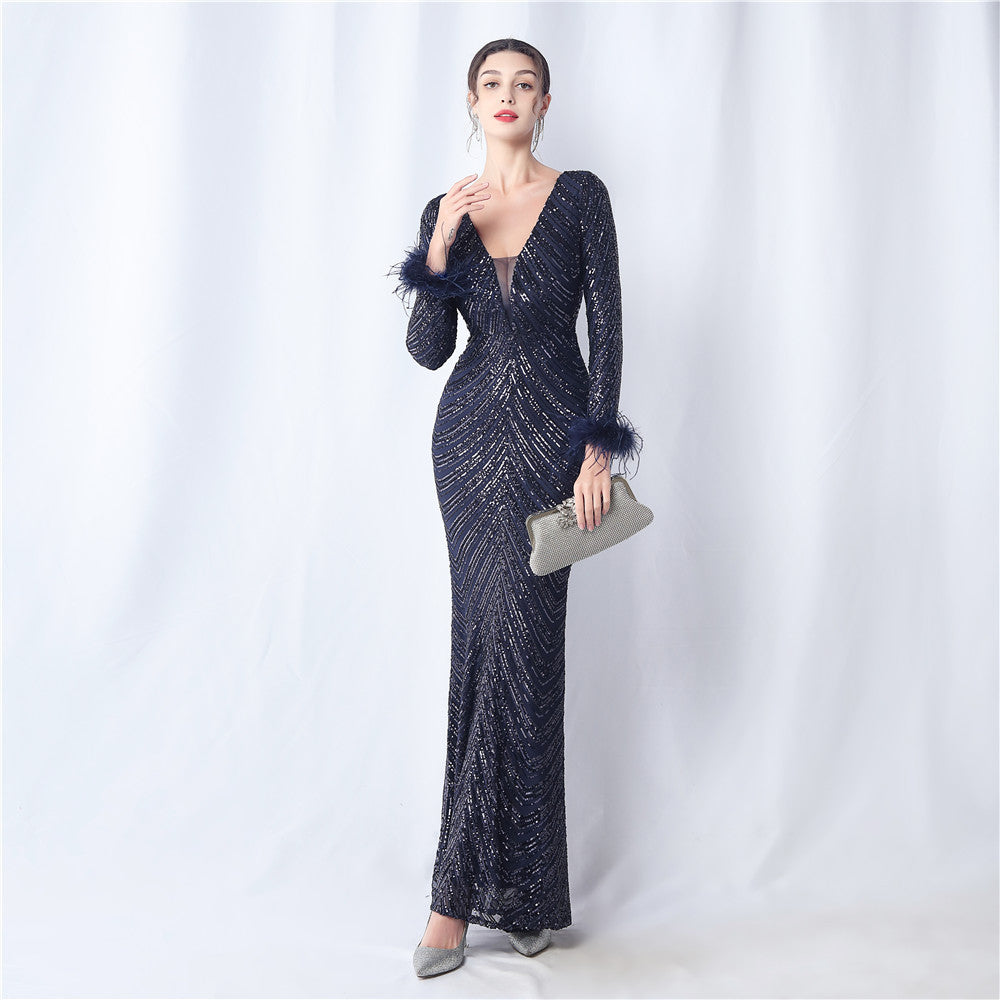 Sequins Feather Long-Sleeved Evening Dress