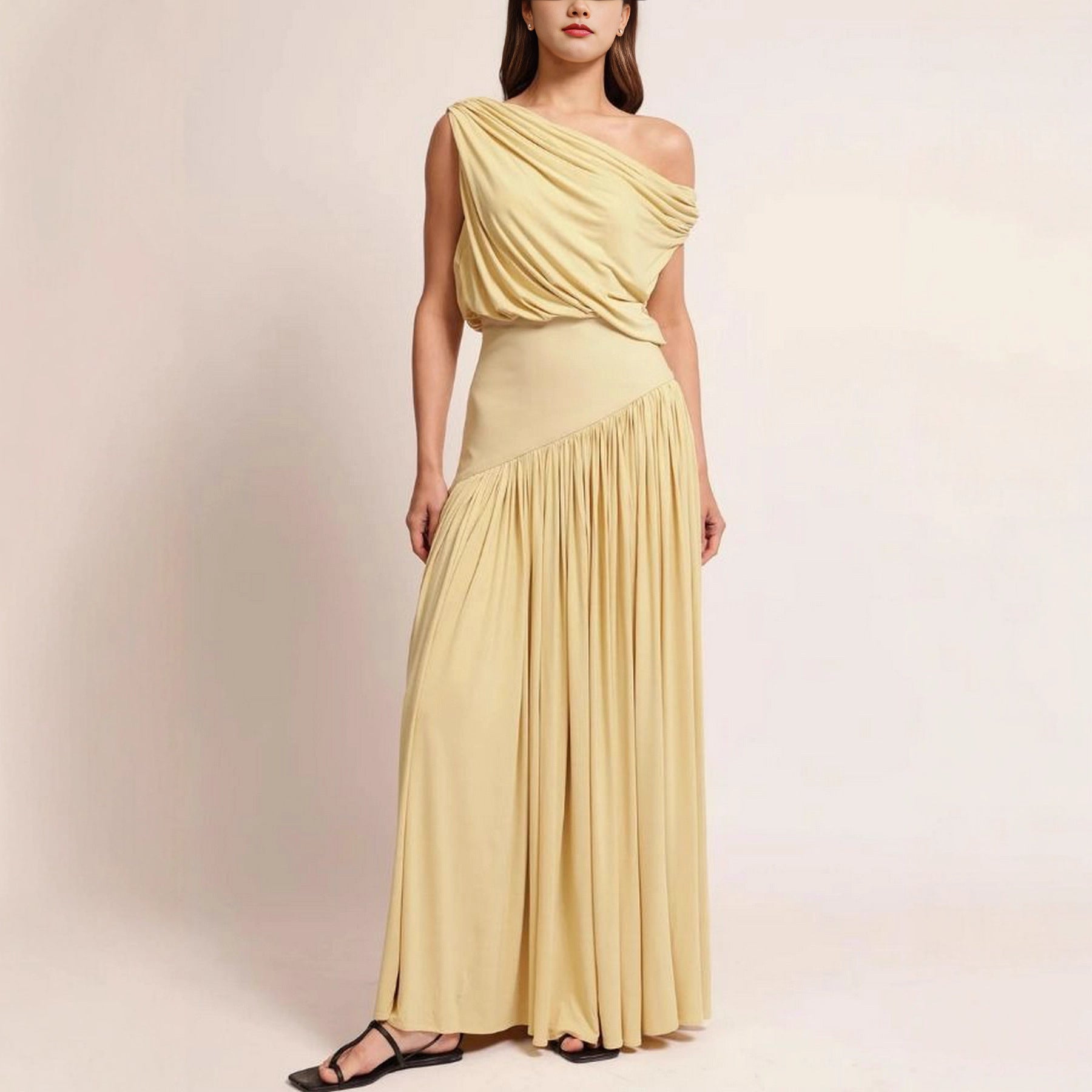 Women Elegant Slash Shoulder Solid Dress