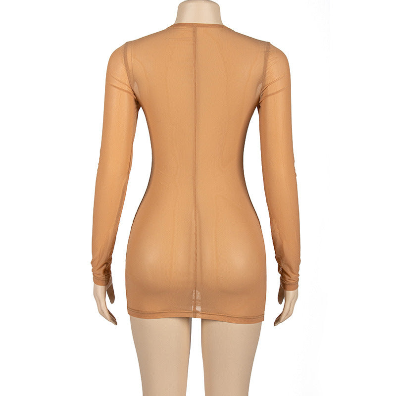 Autumn Solid Color Round Neck Long Sleeve Mesh Sexy Long Sleeve Bodycon Dress 13