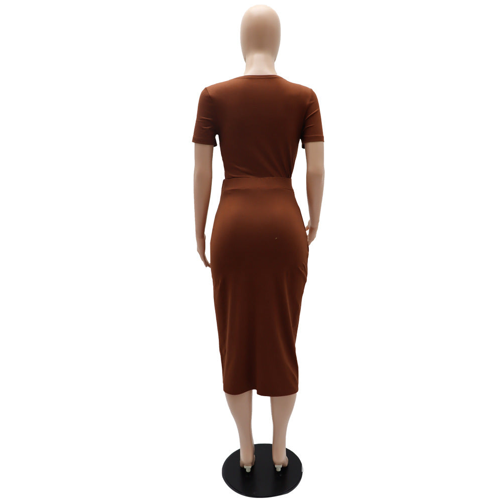 Women Solid T-Shirt and Slit Skirt Two-Piece Set 13