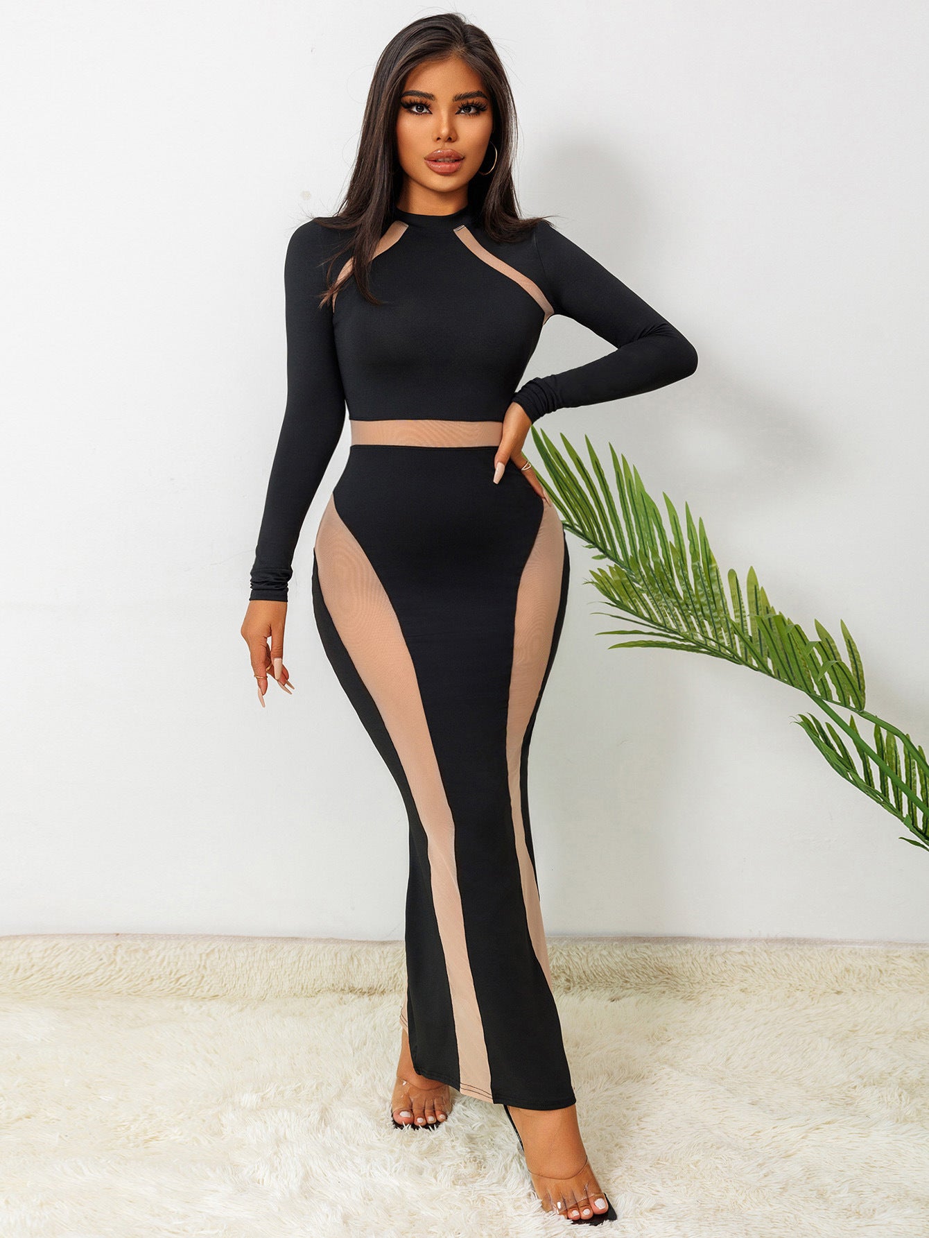 Fall Sexy See Through Mesh Patchwork Long Sleeve Slim Nightclub Long Dress 4