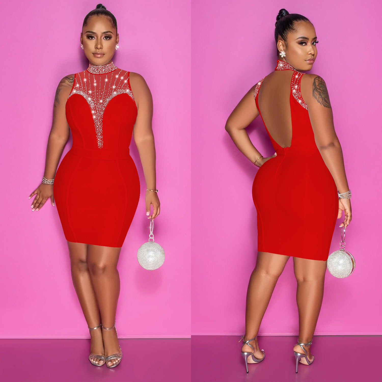 Women'S Fashion Solid Beaded Mesh See-Through Sleeveless Backless Club Bodycon Dress 6