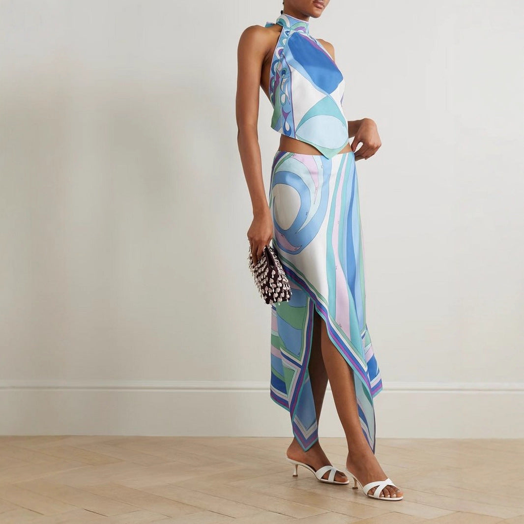 Summer Satin Low Back Top & Asymmetrical Skirt Set 5